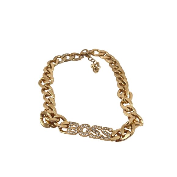 Gold-Tone Chunky Chain Necklace With Rhinestone "Boss" Pendant - Picture 8 of 9